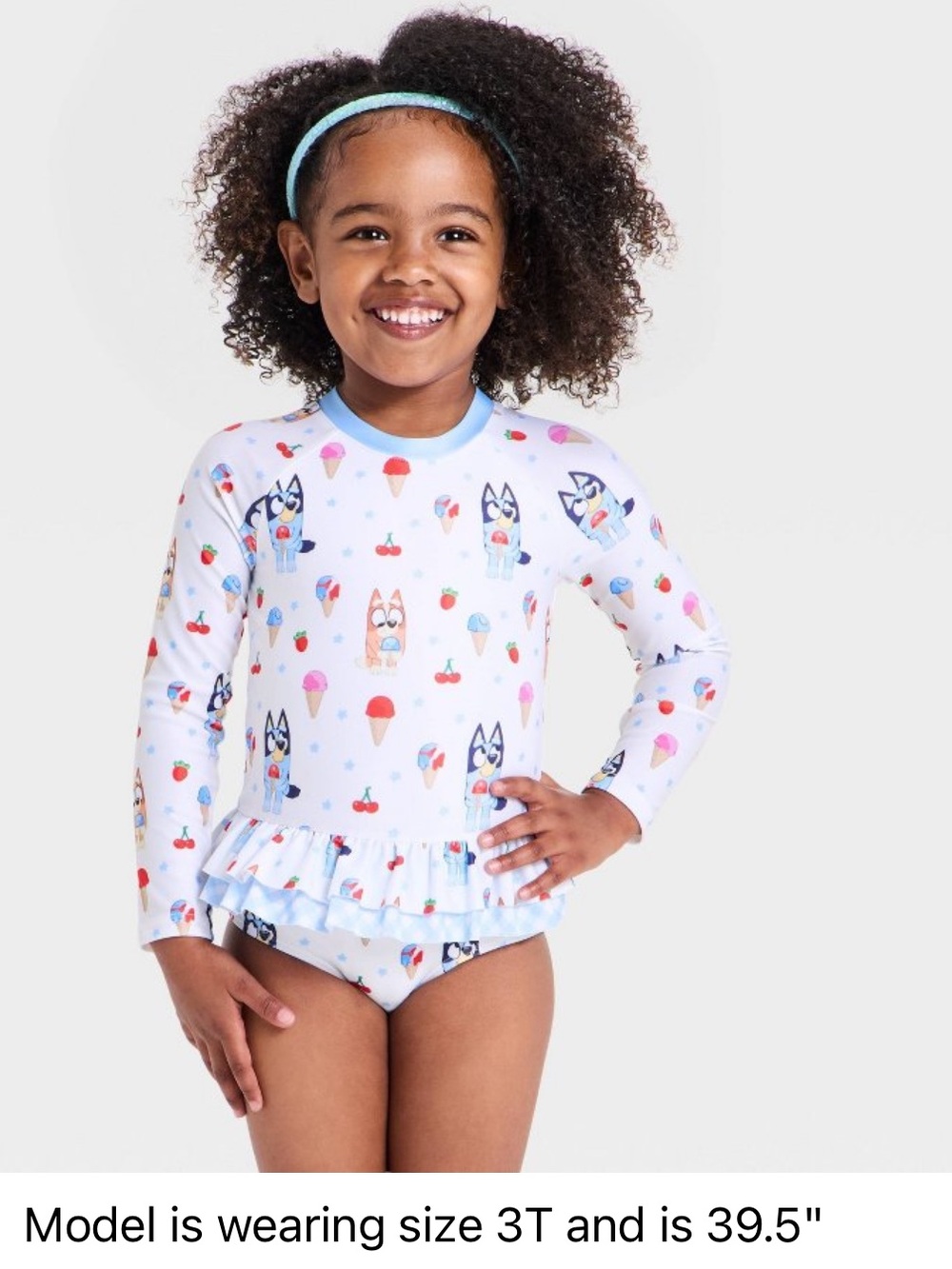 Girls' Light Blue Long Sleeve One-Piece Swim Suit with Ruffle Hem